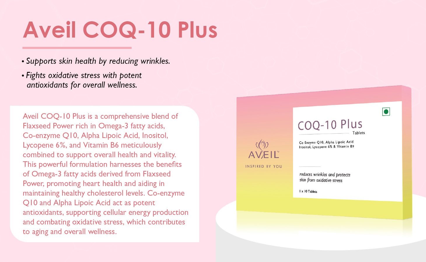 AVEIL COQ 10 Plus Tablets 300 mg | Coenzyme Q10 Capsules with Alpha Lipoic Acid, Inositol, Lycopene 6% & Vitamin B9 | 10 Tablets | Supports Heart & Immune Health | Gluten Free
