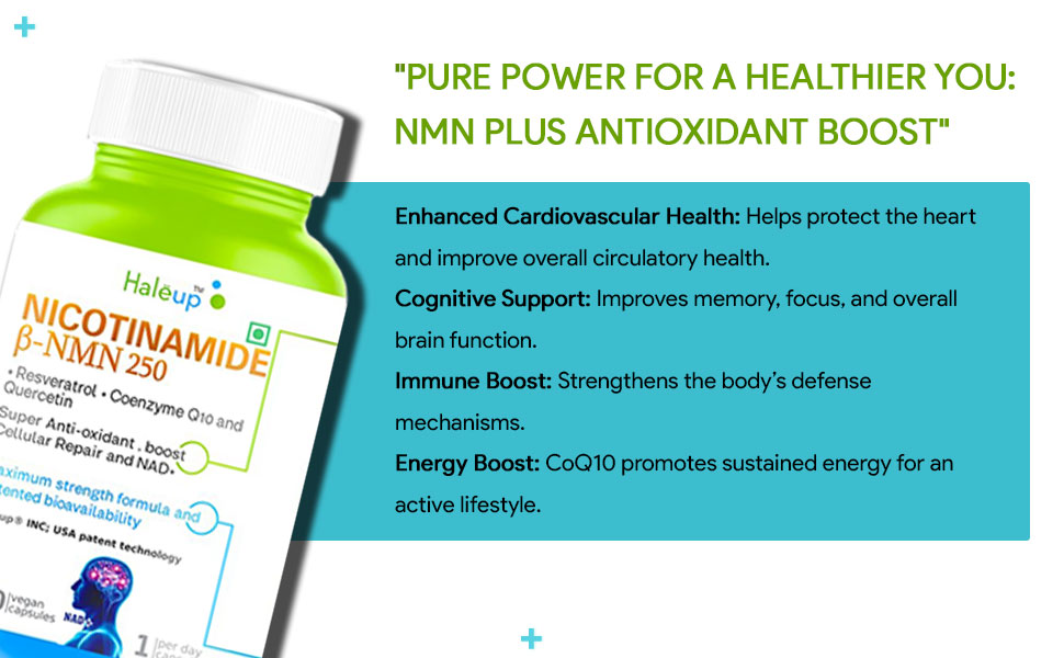 Haleup USA NMN 250 mg 3-in-1 Formula, Enriched with Resveratrol, Quercetin and CoQ10 |99.9% Pure |Healthy Ageing|Cellular Repair|Boost NAD+| Energy Levels| Skin Health