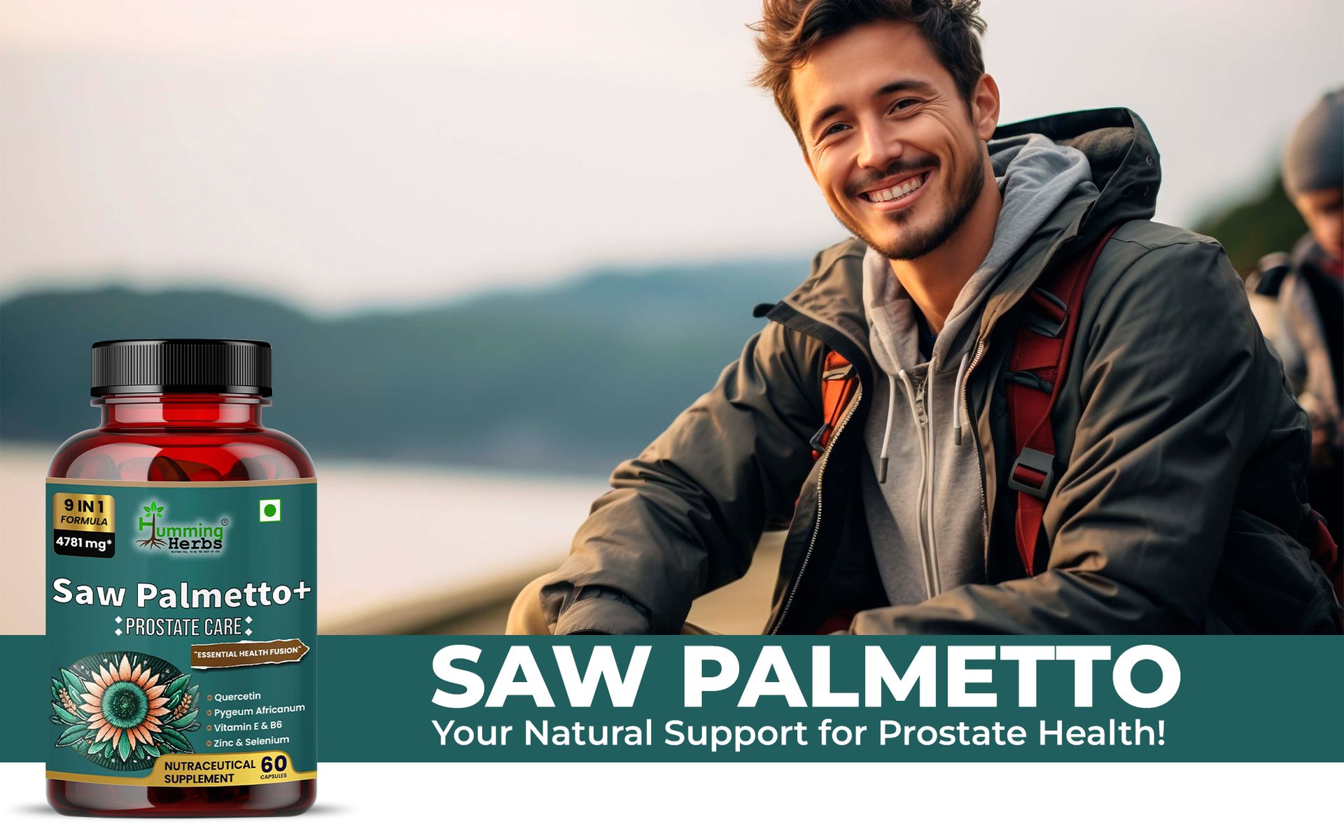 Humming Herbs Saw Palmetto Plus Urinary Support - Enhanced Formula with Quercetin, Turmeric, Pygeum, Vitamins E & B6, Zinc, Selenium for Men's Health - Veg Capsules - Herbal Supplement