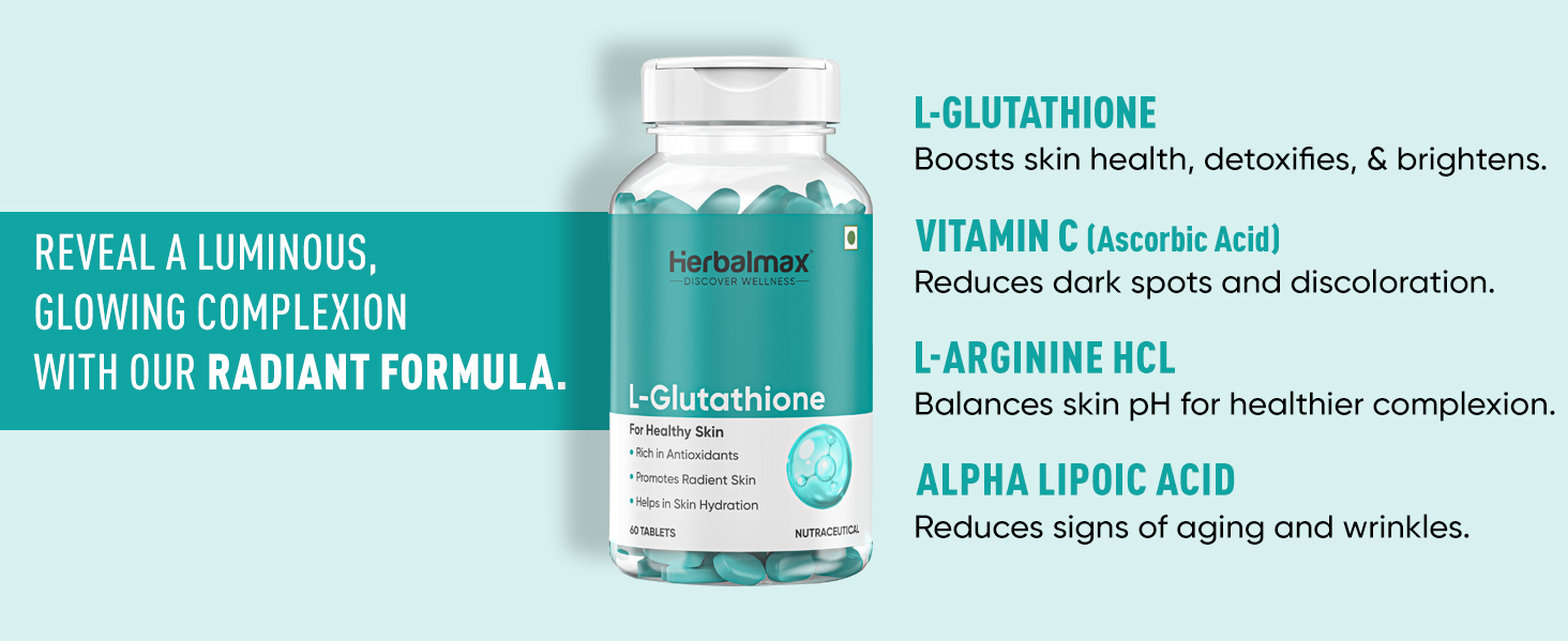 Herbal Max L-Glutathione 60 Veg Tablets Skin Whitening & Antioxidant Supplement | Supports Hydrated, Radiant & Youthful Skin | With Vitamin C | Pack of 3