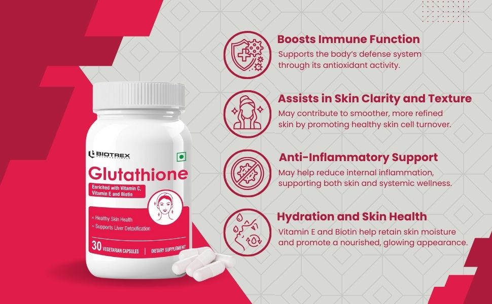 Biotrex Nutraceuticals Glutathione With Vitamin C & E, Biotin, Grape Seed Extract, Alpha Lipoic Acid, L-Lysine For Healthy Skin Health, Antioxidant Supplement - 30 Vegetarian Capsules