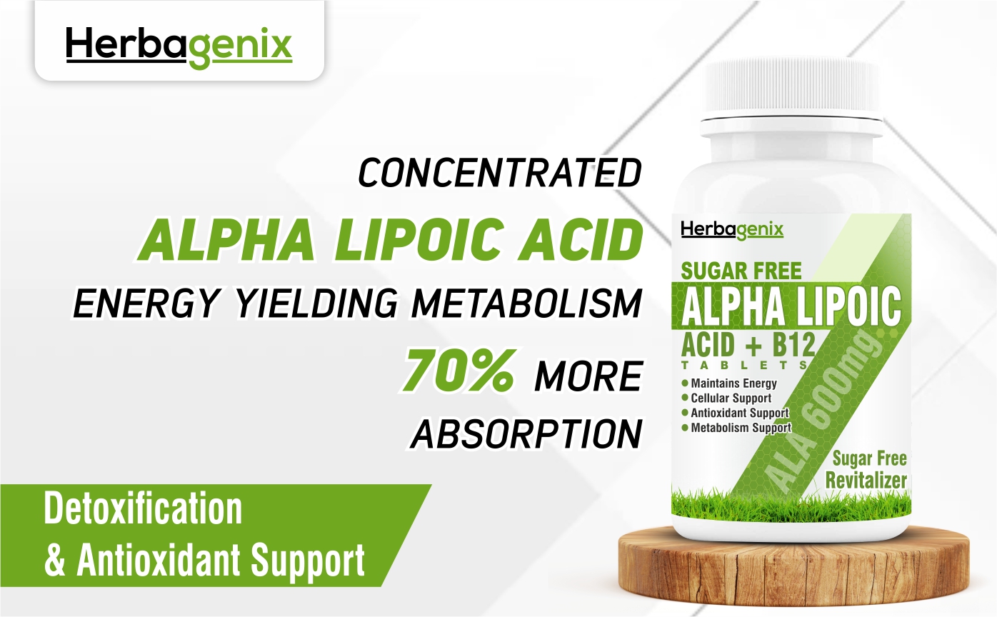 Alpha Lipoic Acid 600mg - ALA with Vitamin B12 Supplements for Nerves and Good Health 60 Tab (99% A Lipoic)