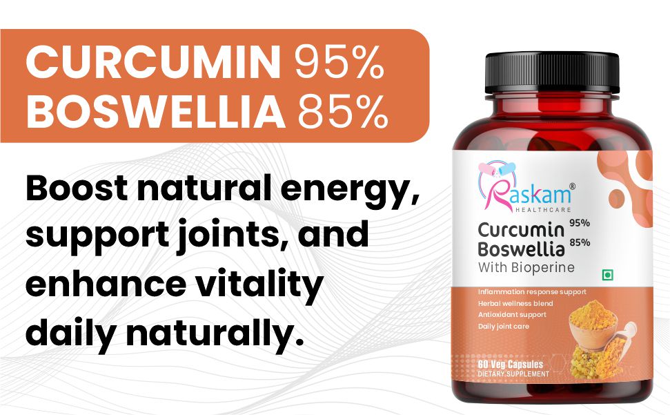 Curcumin 95%, Boswellia 85%, 510mg Capsules with Bioperine | 60 Veg Capsules | Super Antioxidant, Improves Metabolism, Fights Inflammation | 60 veg capsules