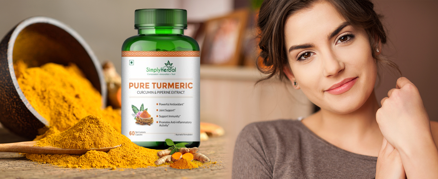 Simply Herbal 800 MG Turmeric Curcumin & Piperine Extract Capsules for Immunity | Immunity Boosters Capsule for Adults | Good for Skin & Joint Pains | Natural and Pure Curcuminoids Capsule, Pack of 1