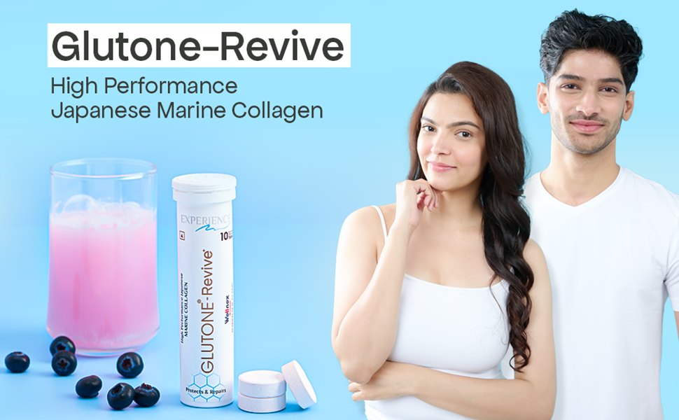 Glutone-Revive Effervescent Collagen Tablets – 2500 mg Wellnex Di-Peptide Marine Collagen|Supports Skin Hydration, Elasticity, Smooth Texture | For Men & Women | 40 Blueberry Flavour Tablets