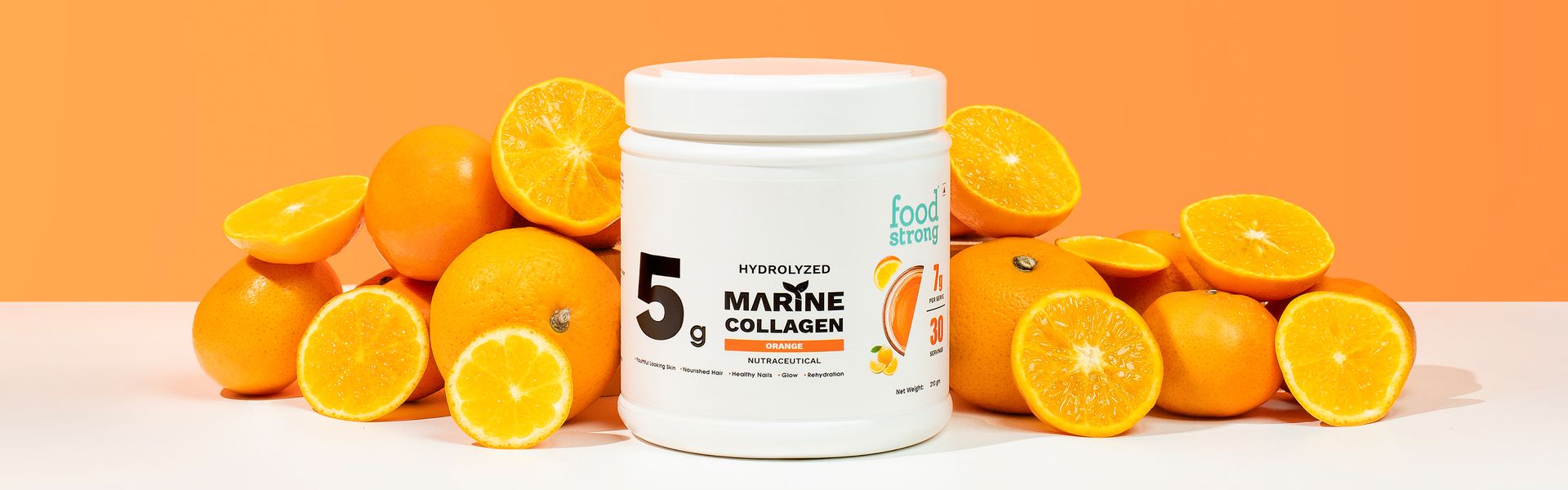 Foodstrong Hydrolyzed Marine Collagen Powder – Orange Flavour | 30 Servings | Supports Skin Hydration, Hair Nourishment & Glow | 210g