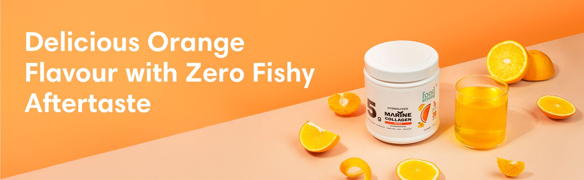 Foodstrong Hydrolyzed Marine Collagen Powder – Orange Flavour | 30 Servings | Supports Skin Hydration, Hair Nourishment & Glow | 210g