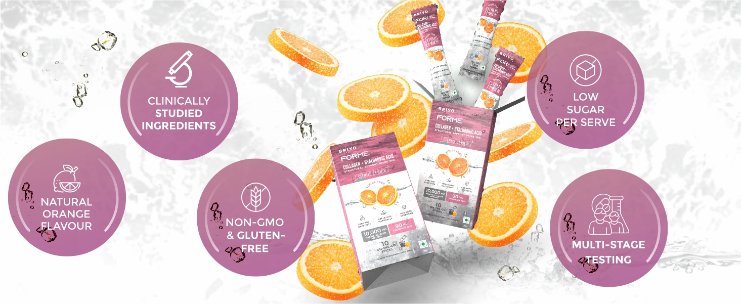 Briyo Forme Collagen + Hyaluronic Acid | 10 Sachets 10g Hydrolyzed Marine Collagen with 60mg Hyaluronic Acid | Orange Flavored Daily Drink Mix for Skin Hydration, Joint Support, Anti-Aging & Bone Strength | No Sugar