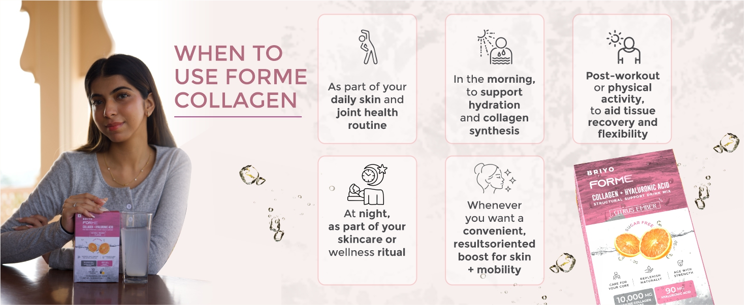Briyo Forme Collagen + Hyaluronic Acid | 10 Sachets 10g Hydrolyzed Marine Collagen with 60mg Hyaluronic Acid | Orange Flavored Daily Drink Mix for Skin Hydration, Joint Support, Anti-Aging & Bone Strength | No Sugar