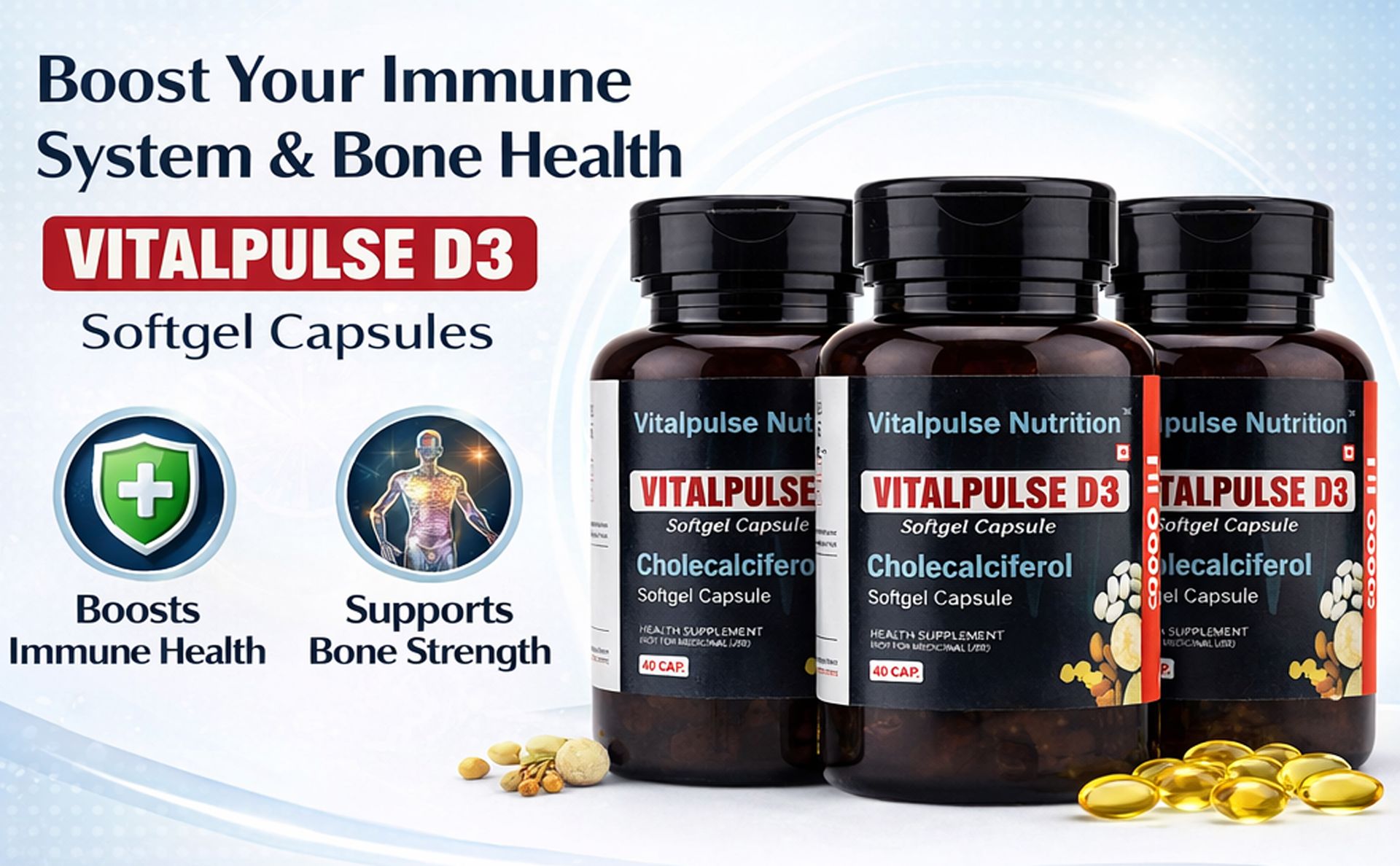 Vitamin D3 60000 IU Cholecalciferol Softgel Capsules | High Potency | Bone Strength, Immunity & Joint Health | Gluten & Soy Free | 40 Softgels
