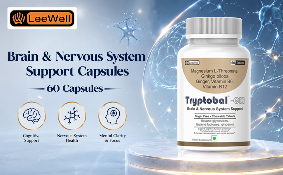 GM (LeeWell) Chewable Magnesium L Threonate Supplement Ginkgo Biloba, Ginger, Vitamin B6 & B12, Brain & Cognitive Memory Support, Sugar Free- 60 Tablets