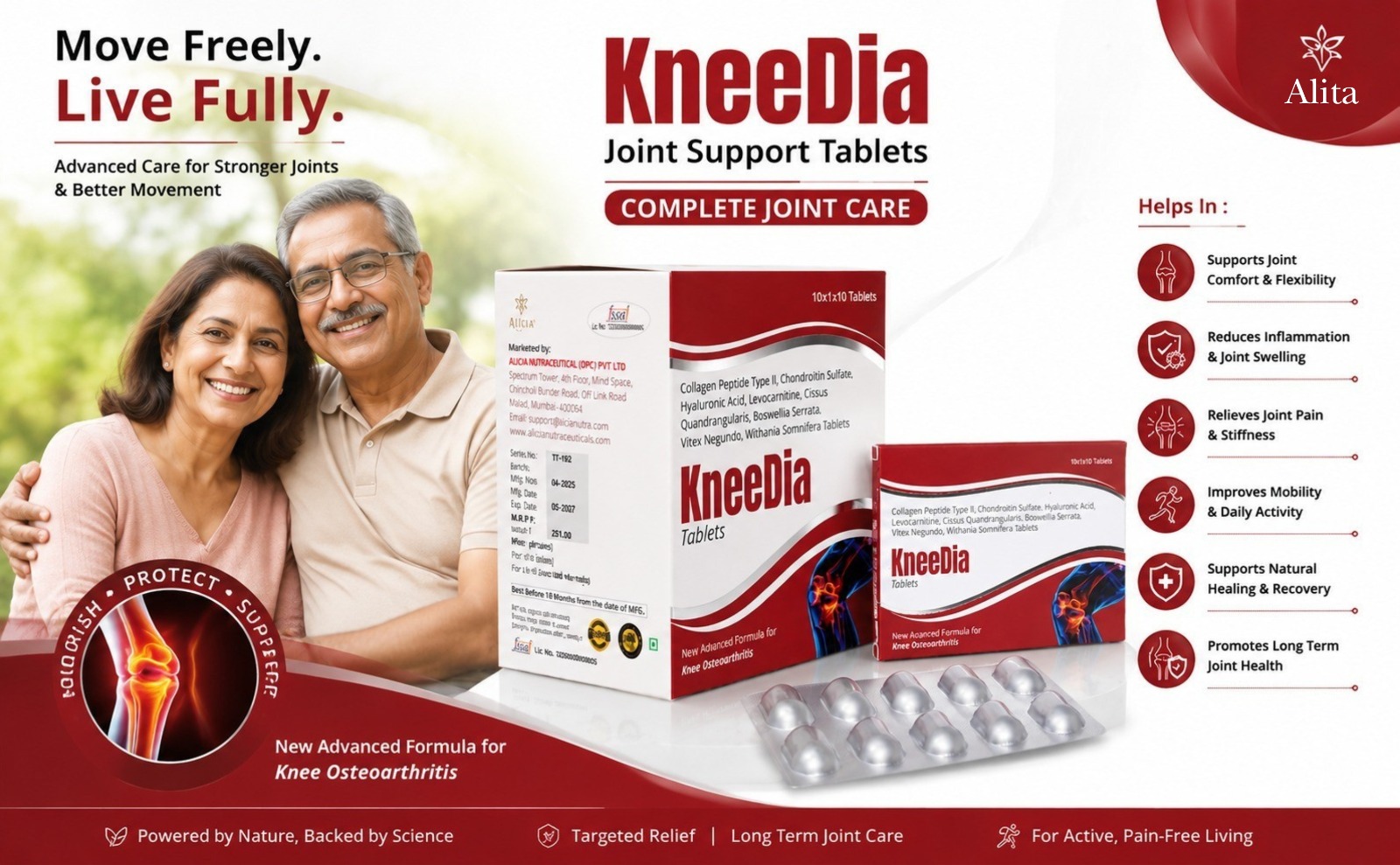 KNEEDIA Joint Support Tablets | Boswellia Glucosamine MSM Collagen Supplement, 10 Tablets
