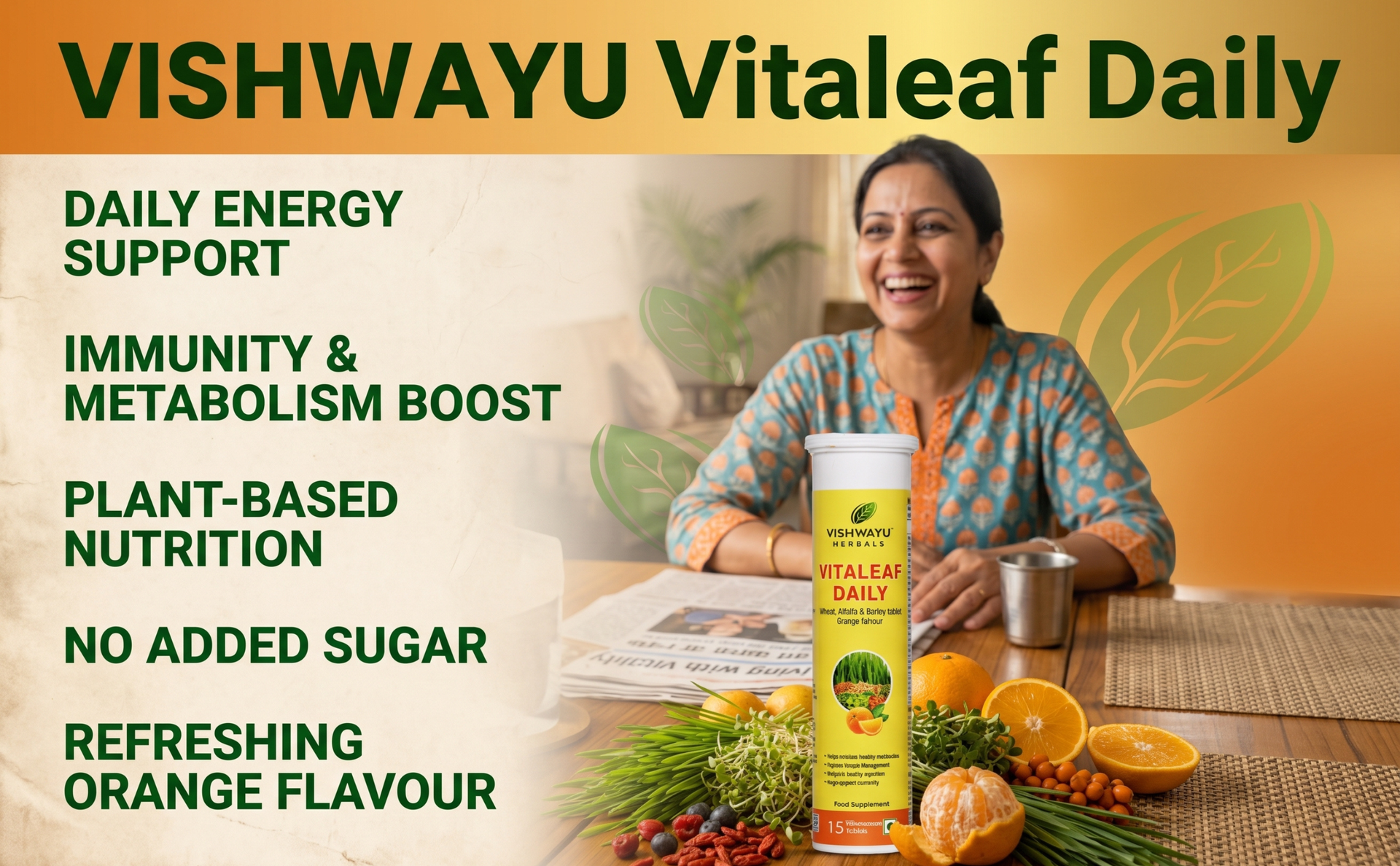 Herbals Vitaleaf Daily Effervescent Tablets (15 Tablets) | Complete Daily Greens for Immunity, Energy & Metabolism | With Wheat,Alfalfa & Barley | Plant-Based, Vegan & Gluten-Free | Pure Organic | Refreshing Orange Flavor