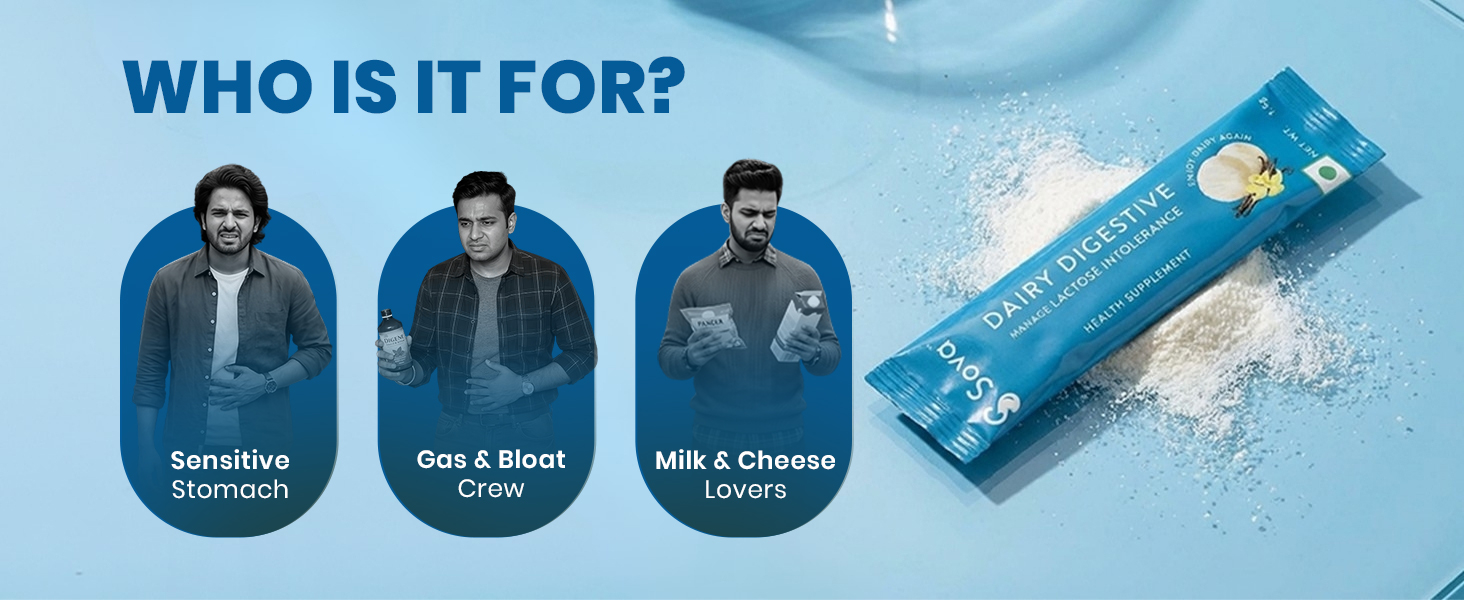 Sova Dairy Digestive Supplement for Lactose Intolerance | Lactase Enzyme Supplement with French Vanilla Flavour | 9000 FCC Lactase with Probiotics, 15 Sachets