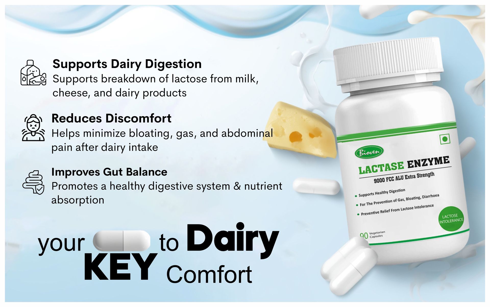 Lactase Enzyme 60 Vegetarian Capsules-9000 FCC ALU | Supports Lactose Digestion | Dairy Relief Supplement | Fast-Acting, Non-GMO, Gluten-Free |