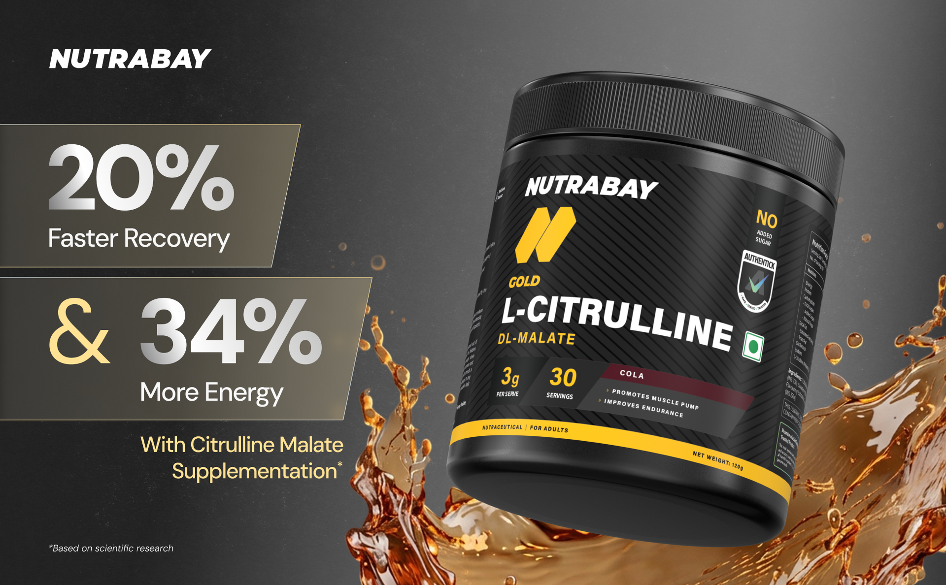 Nutrabay Gold Citrulline Malate 2:1 Supplement Powder 120g, Cola Flavor – Boosts Nitric Oxide – Pre Workout for Muscle Pump, Improved Endurance & Recovery | Tested for Purity | No Banned Substances