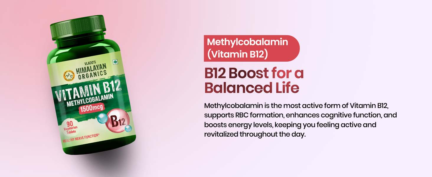 Vlado's Himalayan Organics Vitamin B12 Tablets 1500 mcg - Active form of Methylcobalamin Vitamin B12 Supplements for Men & Women - 60 Veg Tablets