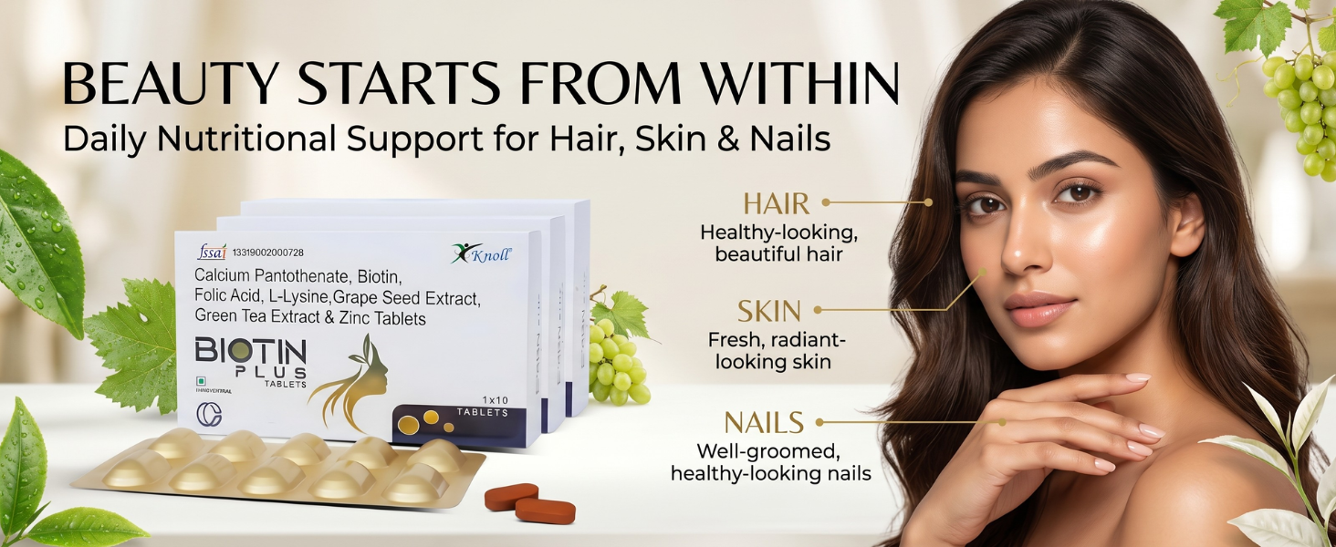 Knoll Healthcare Biotin Plus Tablets with Grape Seed Extract, Green Tea Extract, Zinc & L-Lysine | Supports Hair, Skin & Nail Health | Antioxidant & Nutritional Supplement (3x10 Capsules)