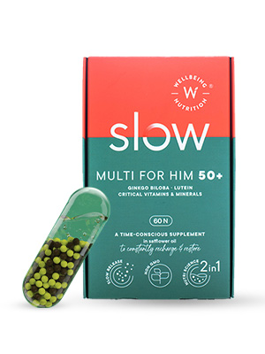 Wellbeing Nutrition Slow Multivitamin + Omega 3 for Men & Women, Adult 50+ | B-Complex, Coq10, Vitamin D3, C, Zinc, Calcium + 40 Nutrients | Energy, Immunity, Joint, Heart & Memory, 60 Veg Capsules