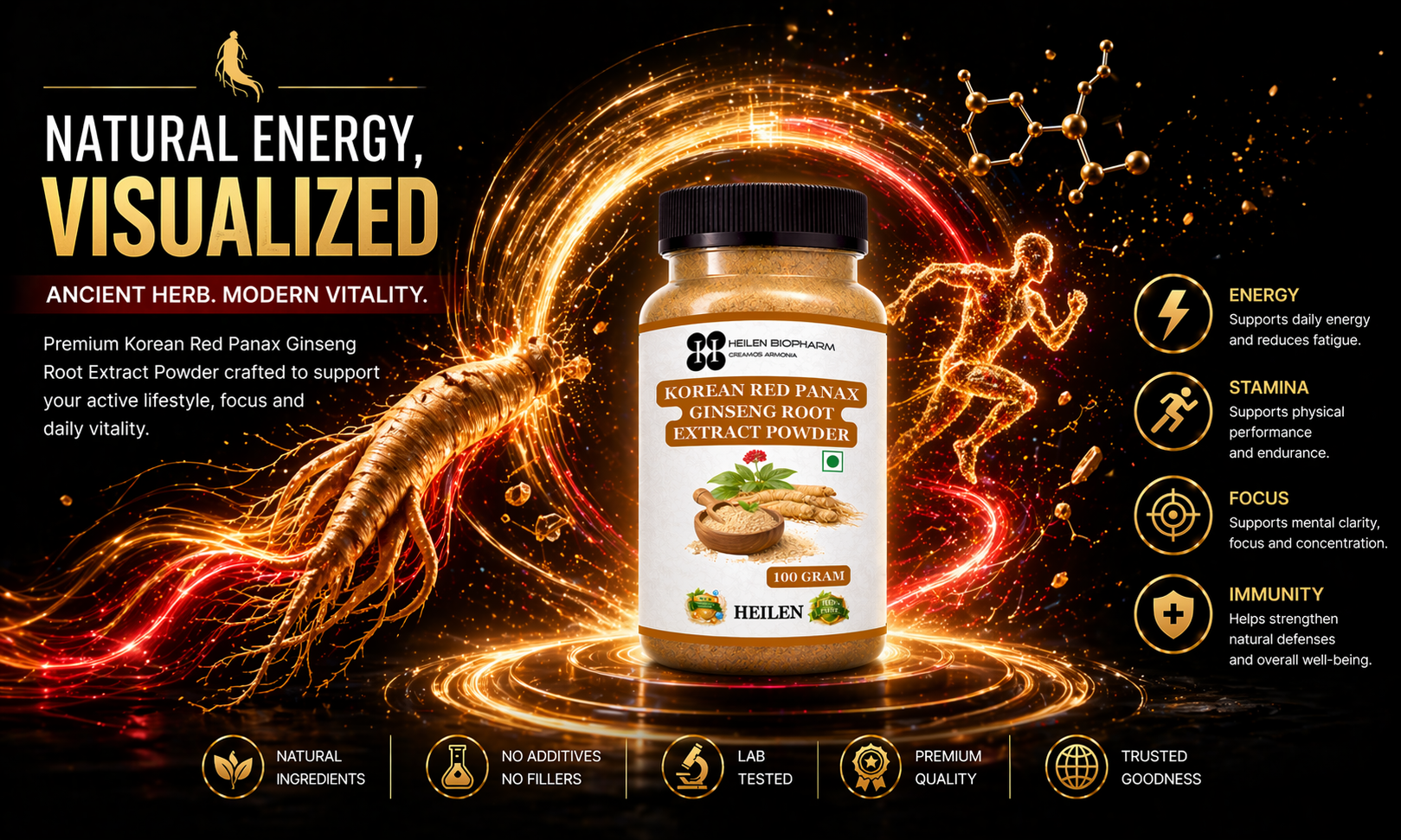 Heilen Biopharm Korean Red Panax Ginseng Root Extract Powder – 100g | Sealed Plastic Container | Natural Energy, Stamina & Focus Booster | Supports Immunity, Vitality & Performance, No Additives