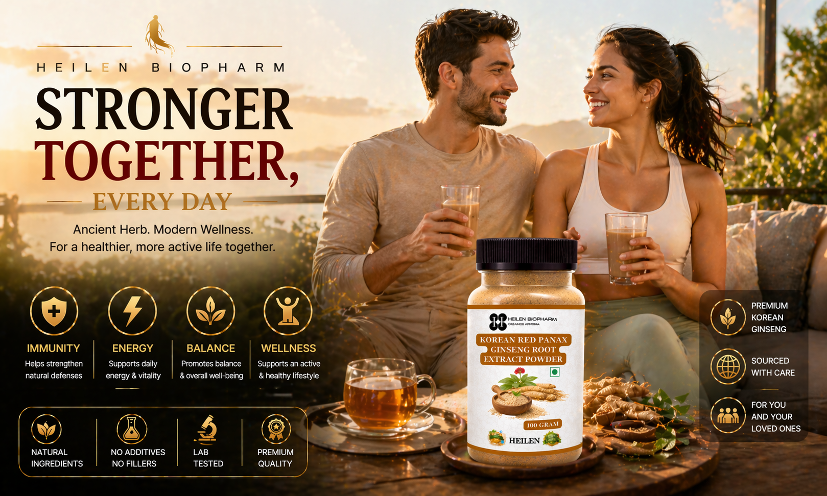 Heilen Biopharm Korean Red Panax Ginseng Root Extract Powder – 100g | Sealed Plastic Container | Natural Energy, Stamina & Focus Booster | Supports Immunity, Vitality & Performance, No Additives