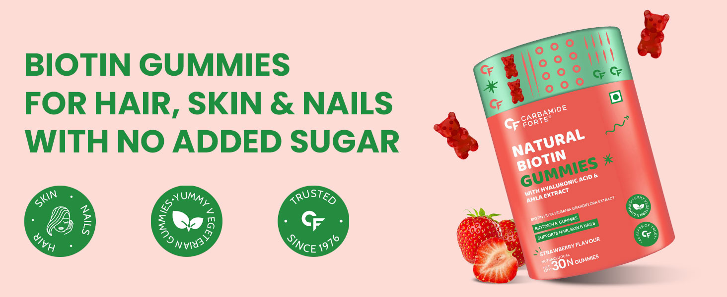 Carbamide Forte Biotin Gummies for Hair Growth | Supplement for Men & Women | - 30 Veg Strawberry - Flavored Gummies