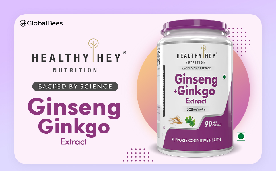 HealthyHey Ginseng + Ginkgo Biloba - Improves Memory & concentration- 90 Veg Capsules