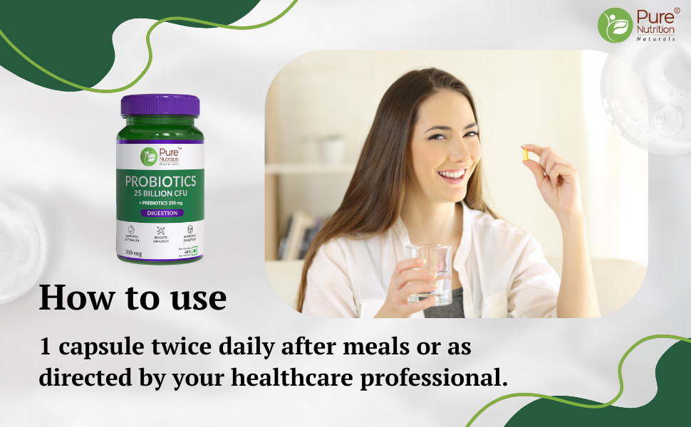 Pure Nutrition Probiotic + Prebiotic, 60 Veg Capsules (500mg) | 25 Billion CFU & 250mg Prebiotics for Men & Women | Improves Gut Health, Helps Digestion, Boosts Immunity & Eases Bloating