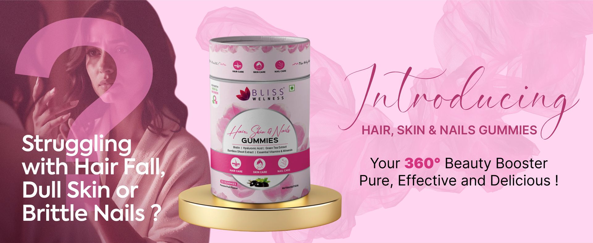 Bliss Welness Hair, Skin & Nails Gummies with Biotin, Hyaluronic Acid, Green Tea Extract, Bamboo Shoot & Multivitamin and Minerals | Supports Hair Strength, Skin Hydration & Nail Health | Passion Fruit Flavor, 30 Gummies
