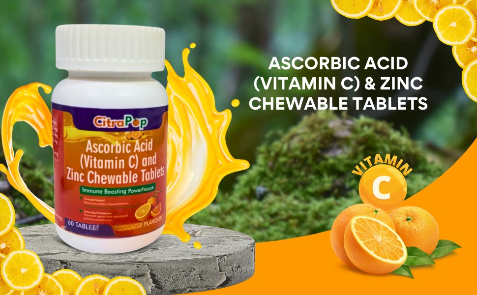 Vitamin C & Zinc Chewable Tablets | Orange Flavour | 60 Tablets | Ascorbic Acid Immunity & Skincare Supplement | Collagen Support for Healthy Skin, Hair & Nails