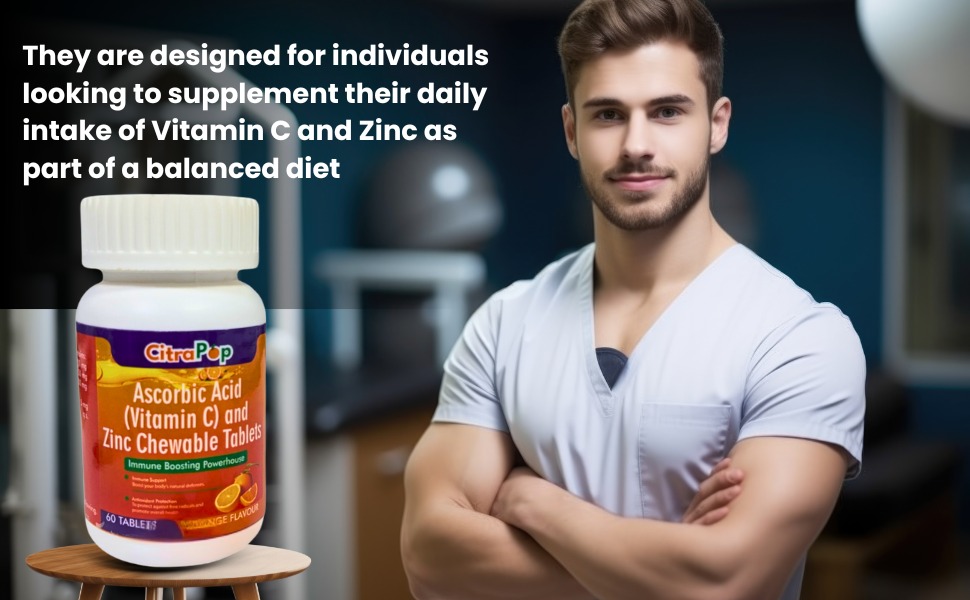 Vitamin C & Zinc Chewable Tablets | Orange Flavour | 60 Tablets | Ascorbic Acid Immunity & Skincare Supplement | Collagen Support for Healthy Skin, Hair & Nails