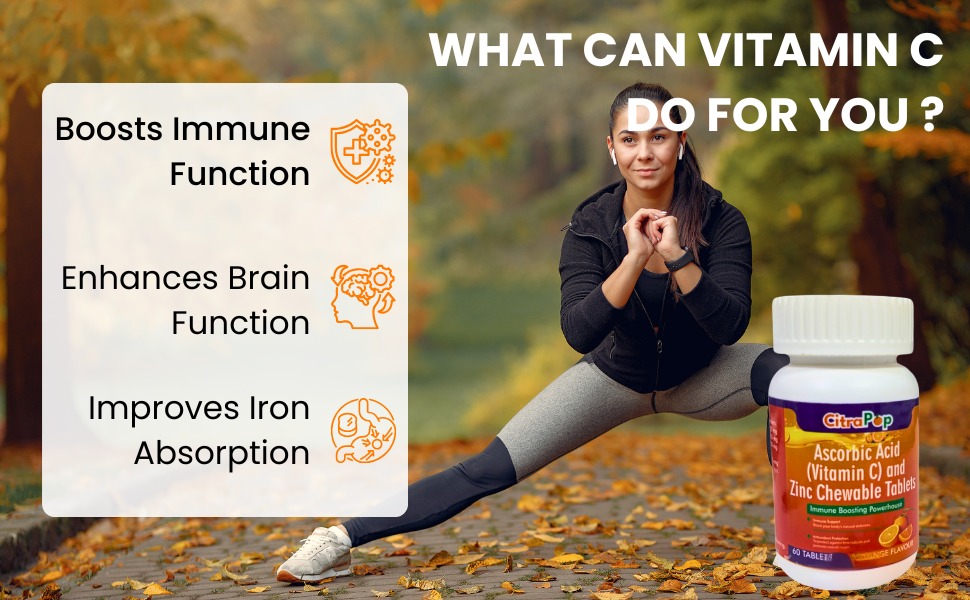Vitamin C & Zinc Chewable Tablets | Orange Flavour | 60 Tablets | Ascorbic Acid Immunity & Skincare Supplement | Collagen Support for Healthy Skin, Hair & Nails