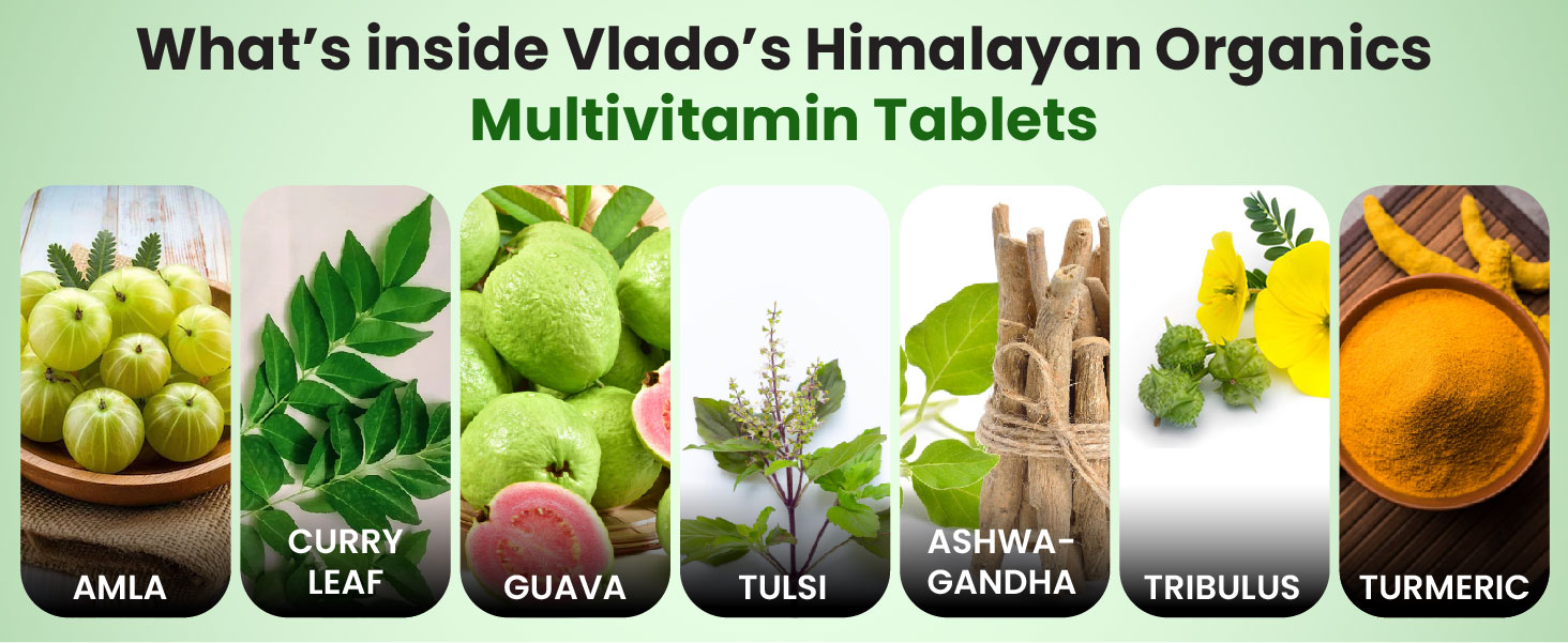 Vlado's Himalayan Organics - Organic Multivitamins with Iron ,Zinc ,Vitamin B3, C ,Organic Ashwagandha , Tribulus & Turmeric - 100% Organic , Non-Synthetic - for Immunity, Engergy stamina , Hair, Skin & Bones - 60 Veg Tablets