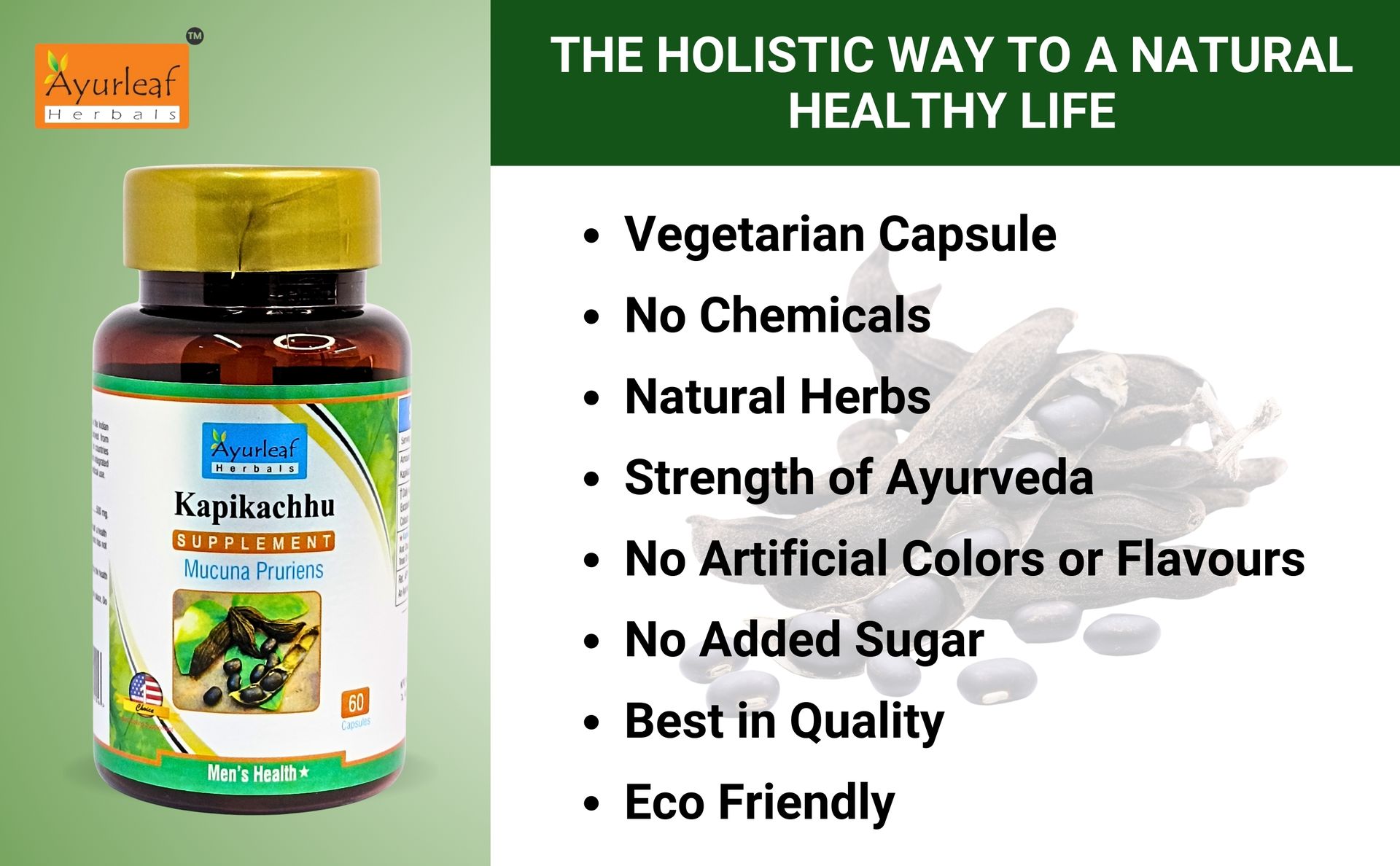 Ayurleaf Herbals Kapikachhu (Mucuna Pruriens) Capsules | Stress Reliever, Improves Brain & Nerve Function | 100% Natural Herb (Pack of 2, 120 Capsules)