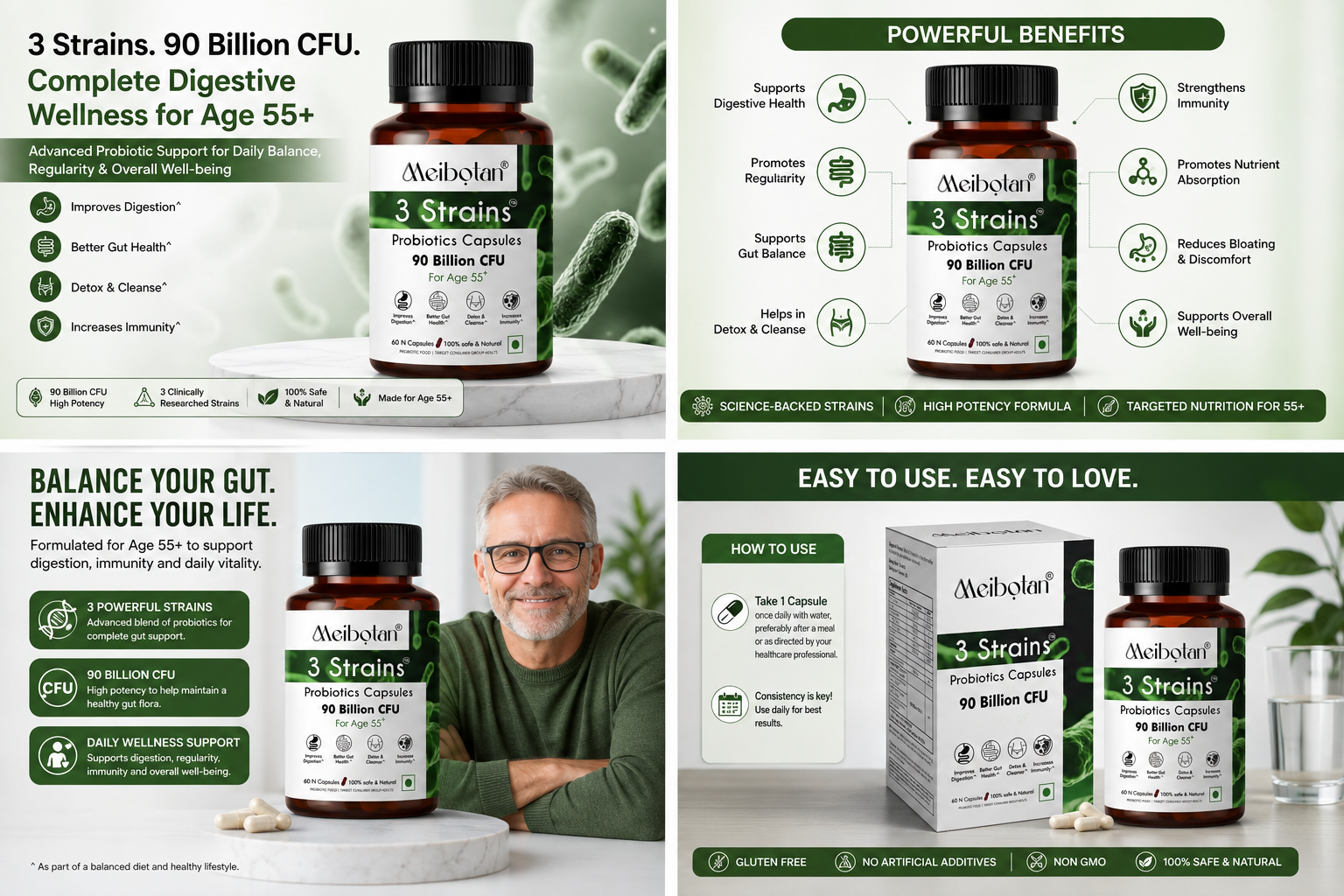 Best Probiotics Supplement 3 Strains with 90 Billion CFU For Men & Women with Prebiotics - Gut Support, Digestion, Immunity Support, Detox & Cleanse - 60 Vegetarian Capsules,Age 55+