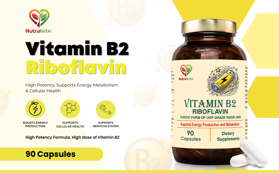 Vitamin B2 Riboflavin - High Potency, Supports Energy Metabolism & Cellular Health, 90 Capsules