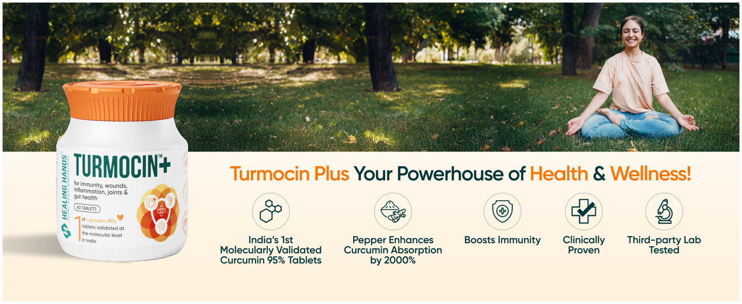 Healing Hands Turmocin Plus Tablet with Curcumin 95% (1st Molecularly Validated) & Pepper for Wound Healing, Gut Health, Immunity, Inflammation Relief, IBS & IBD Care, Clinically Proven - 60 Tablets