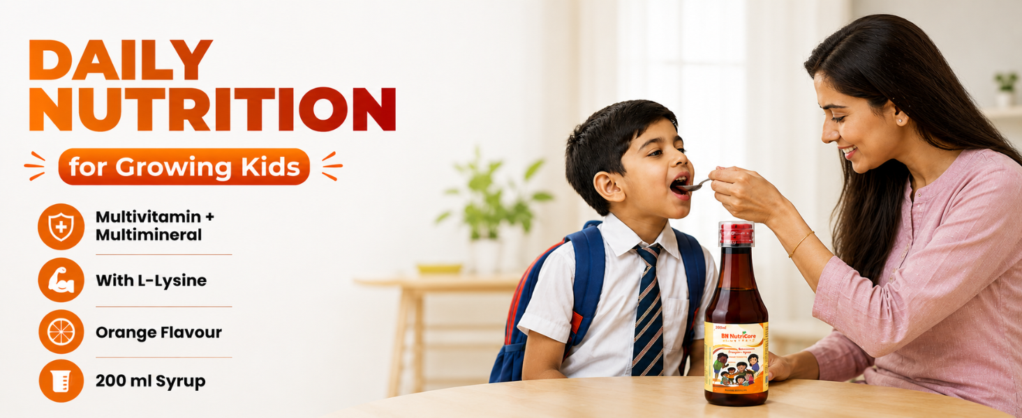 Kids Multivitamin Multimineral & L-Lysine Syrup 200ml | Daily Nutrition Supplement for Kids | Supports Growth, Immunity, Brain Development & Appetite | With Calcium, Zinc, Magnesium, Vitamin D3 & B-Complex | Orange Flavour - Pack of 1