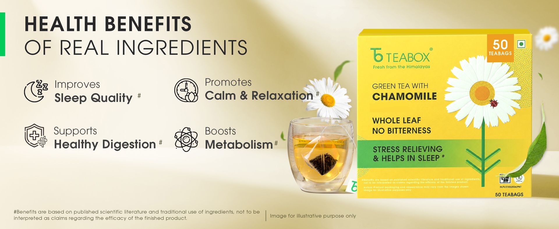 Teabox Chamomile Green Tea 50 Tea Bags | With Egyptian Chamomile Flowers & Whole Leaf Green Tea | Calming Blend for Relaxation & Sleep | Low Caffeine, Fresh & Aromatic (Pack of 2)