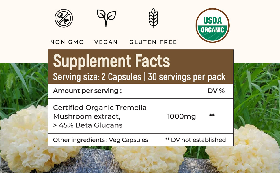 Rooted Actives Tremella Mushroom Extract (60 Veg caps, 500 mg) |Beauty, Skin Glow, Collagen booster, Hyalyronic acid, Hydration| 45% Beta Glucans