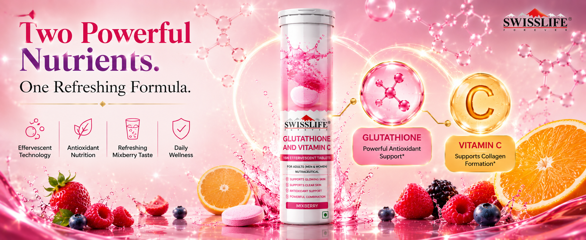 SwissLife Forever Glutathione And Vitamin C (15 Effervescent Tablets) Supports Glowing And Clear Skin | Antioxidant Support, Detoxification, Pigmentation and Tan Removal for Men And Women