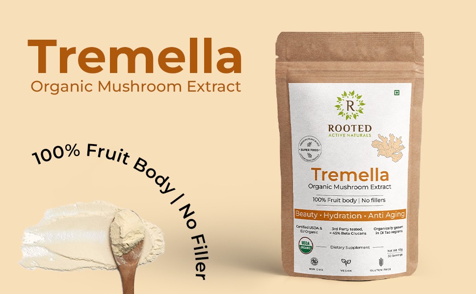 Rooted Actives Tremella Mushroom Extract (45 g) |Beauty, Skin Glow, Collagen booster, Hyalyronic acid, Hydration| 45% Beta Glucans