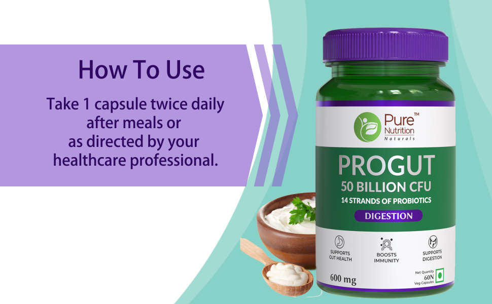 Pure Nutrition Progut 50 Billion CFU - 120 Veg Capsules (60x2) | Advanced Probiotic & Prebiotic Formula for Men & Women | 14 Strains for Gut Health, Digestive Support & Immunity | Eases Gas, Bloating & Improves Nutrient Absorption