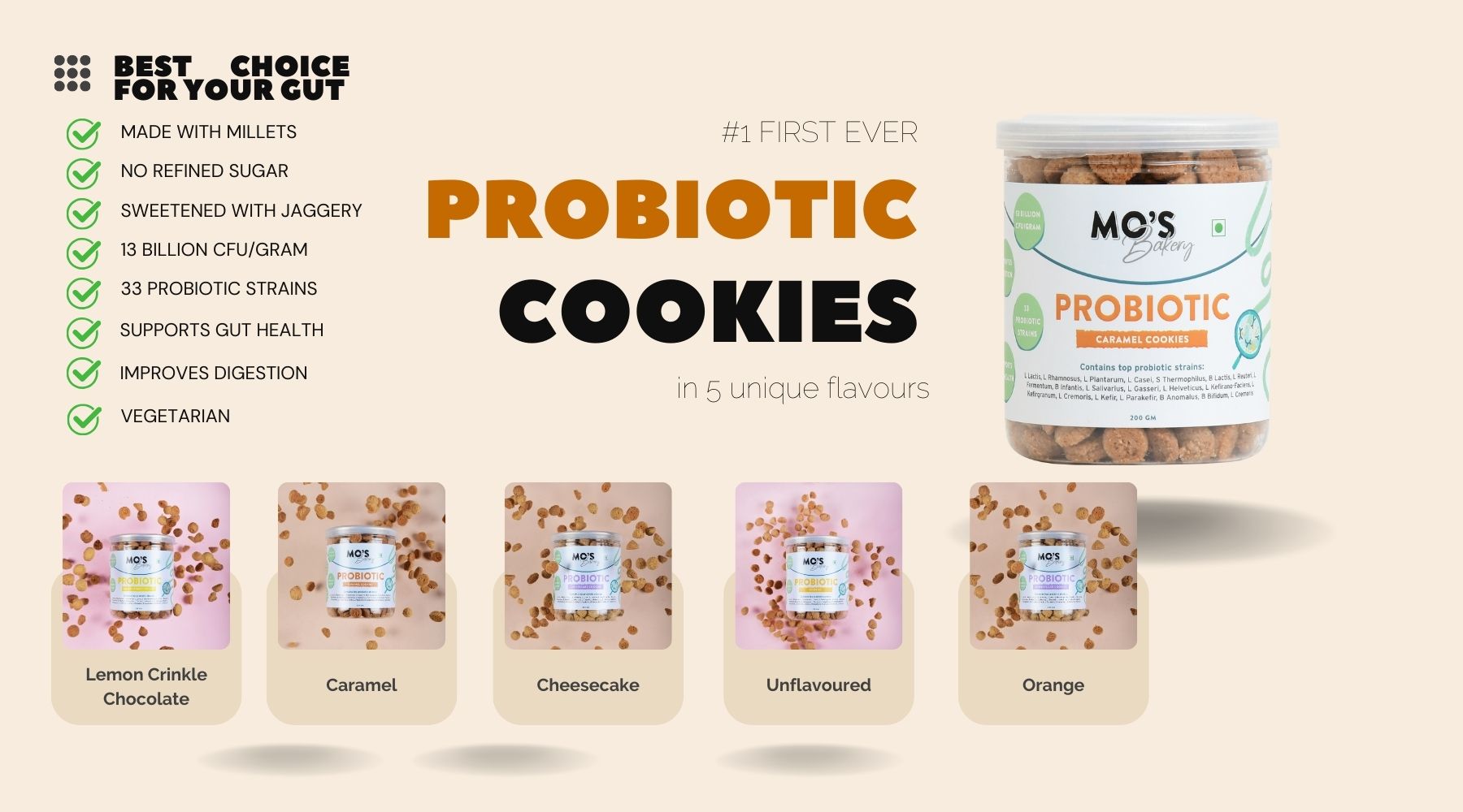 Mo's Probiotic Cookies,200 G | Cheesecake Digestive Cookies | Probiotic Supplement With 13 Billion CFU | 33 Probiotic Strains | Improve Digestion & Gut Health | Acidity Relief