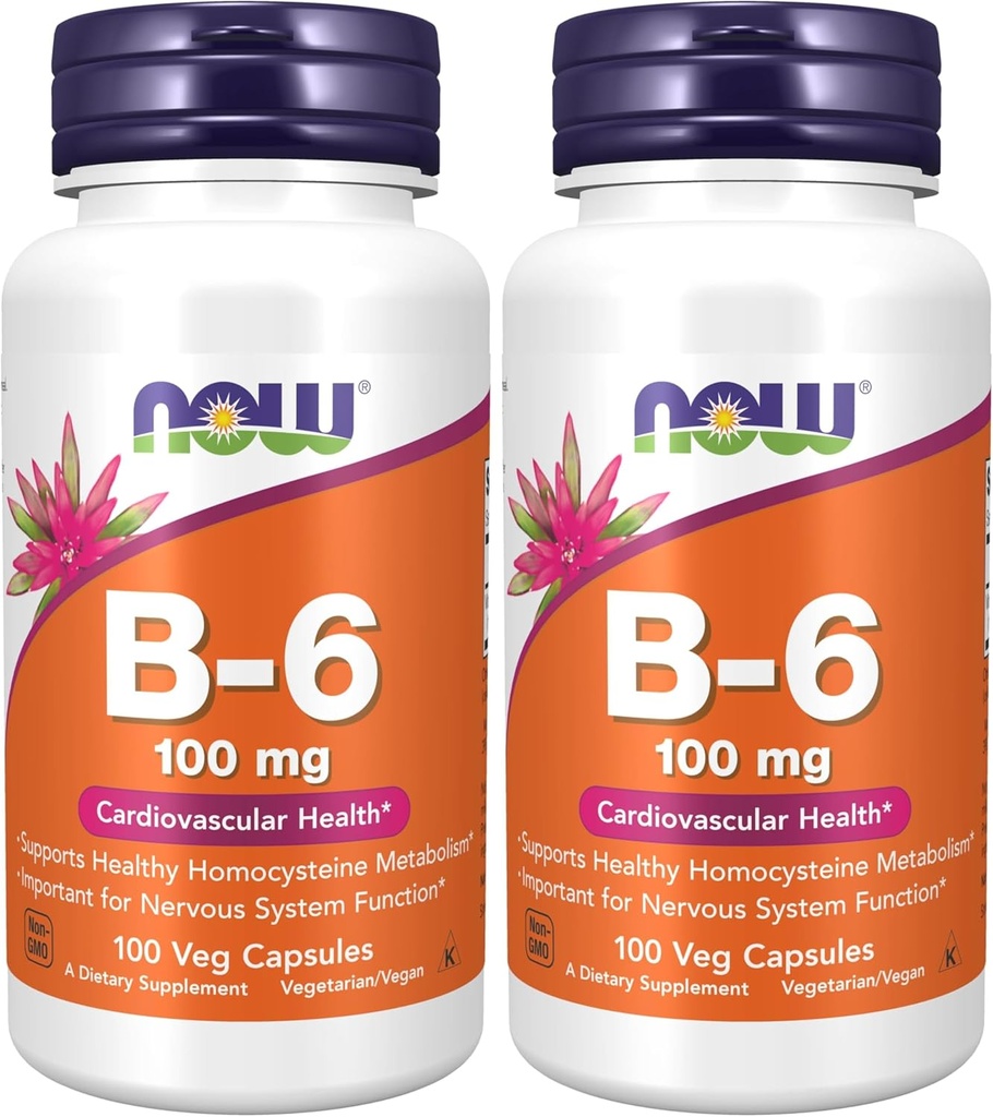 NOW Supplements, Vitamin B-6 (Pyridoxine HCl) 100 mg, Cardiovascular Health*, 100 Veg Capsules (Pack of 2) 2
