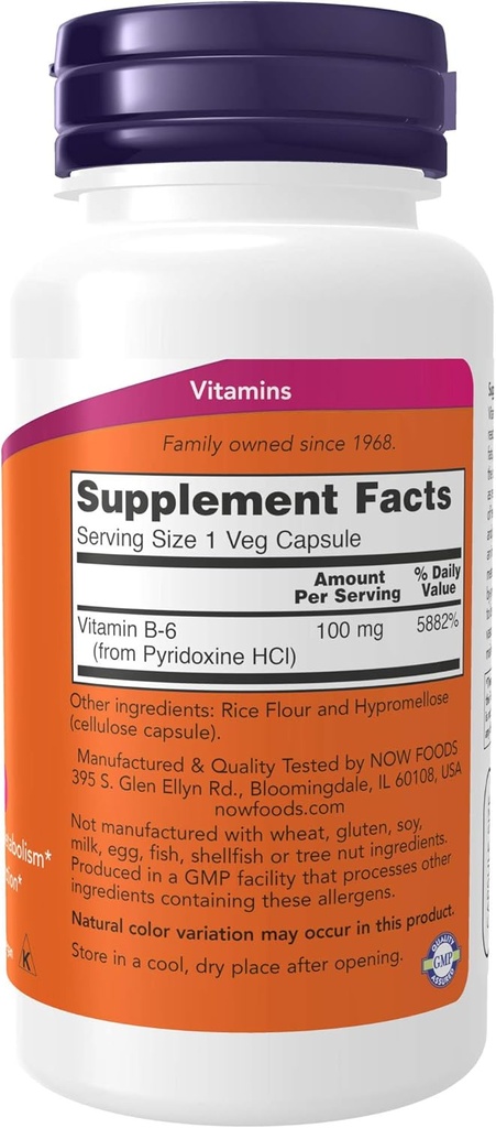 NOW Supplements, Vitamin B-6 (Pyridoxine HCl) 100 mg, Cardiovascular Health*, 100 Veg Capsules (Pack of 2) 3