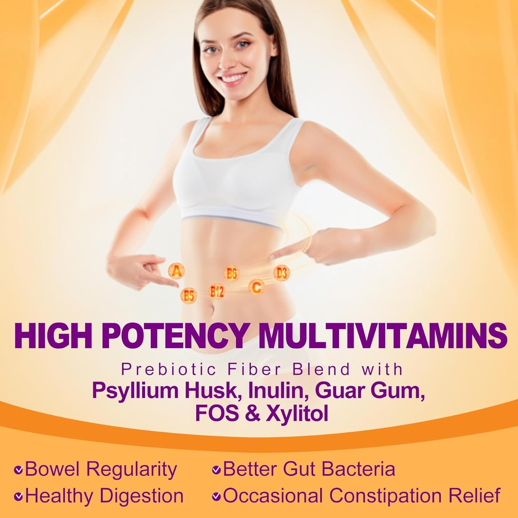 NEVISS Psyllium Husk Prebiotic Fiber Gummies - 7G Fiber with 2000mg Prebiotic Fiber Blend & Multivitamins - Inulin, Fos, Guar Gum & Multi Digestive Enzymes Vitamin Gummies Chewable 6
