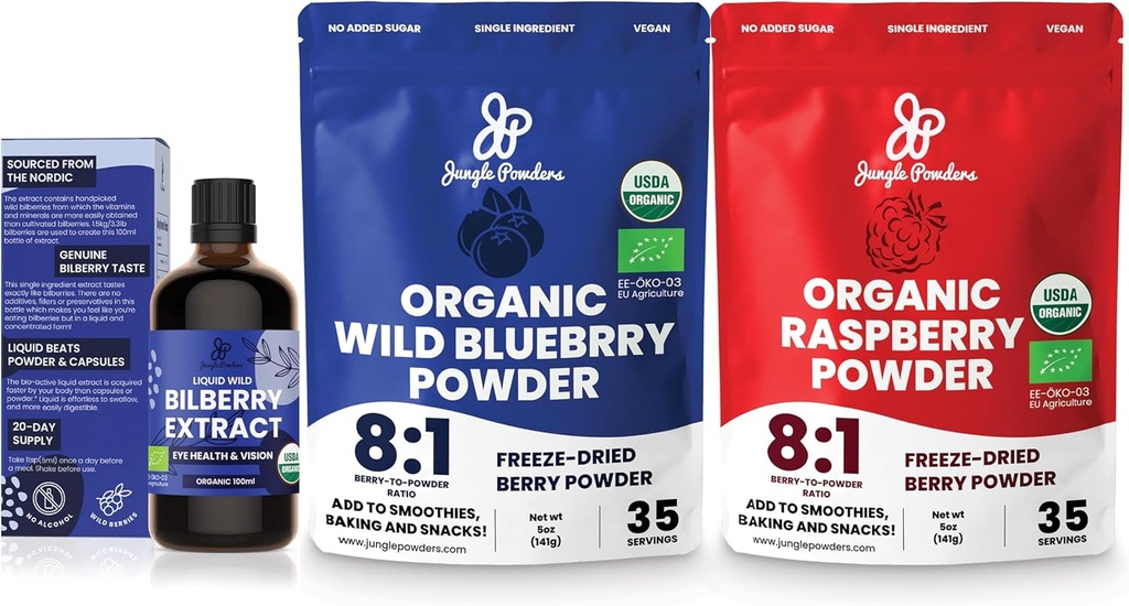 Jungle Powders Wild Bilberry Extract Organic Blueberry Powder USDA Organic Raspberry Powder Bundle Blueberries Raspberries Powdered Whole Berry for Baking Bilberry Supplement for Eyes 2