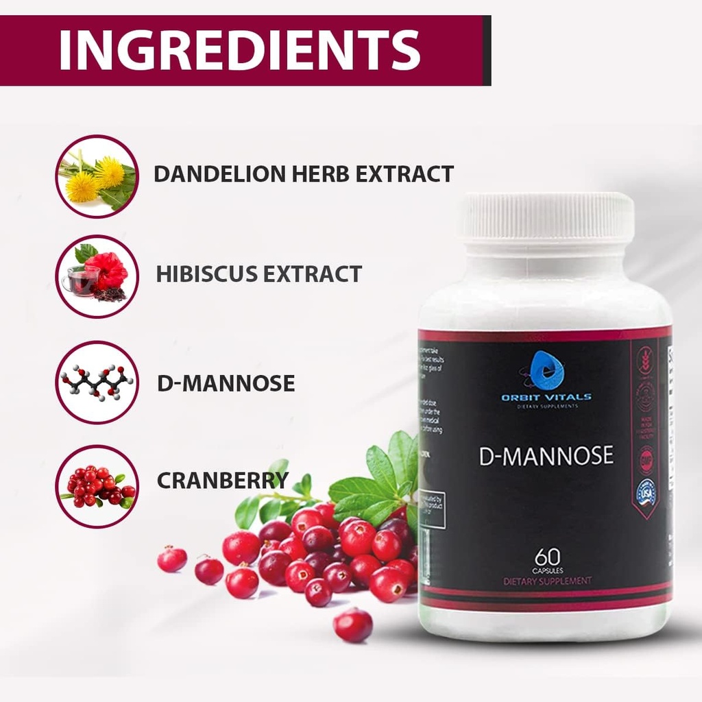 D-Mannose with Cranberry, Dandelion & Hibiscus Extract - Aids in Bladder, Urinary Tract Support, Flush Impurities - Ultra Absorption Gluten Free & Non GMO | 60 Capsules 6