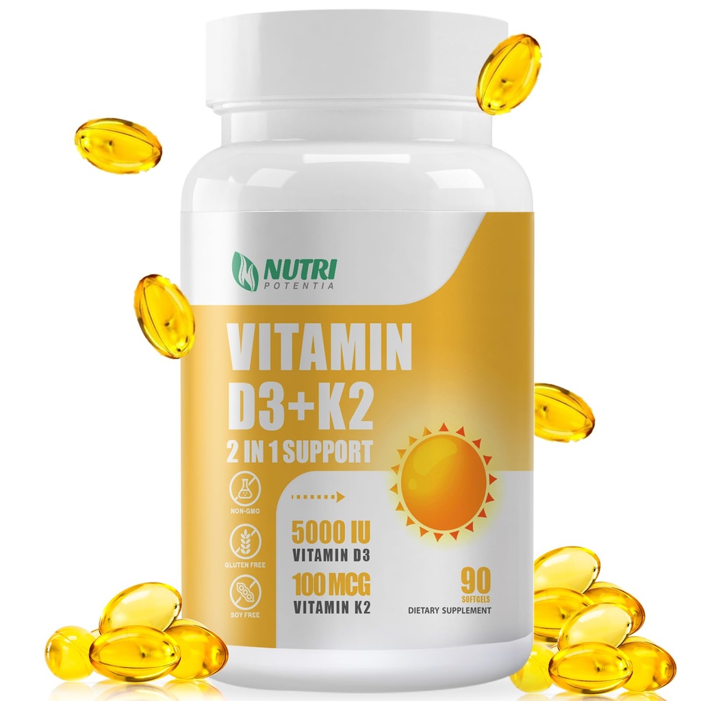 Vitamin D3 K2 Supplement with MCT Oil, Vitamin D3 5000 IU and K2 100 mcg Softgel, Bone and Heart Health Support Supplement, Gluten Free - 90 Count Softgels